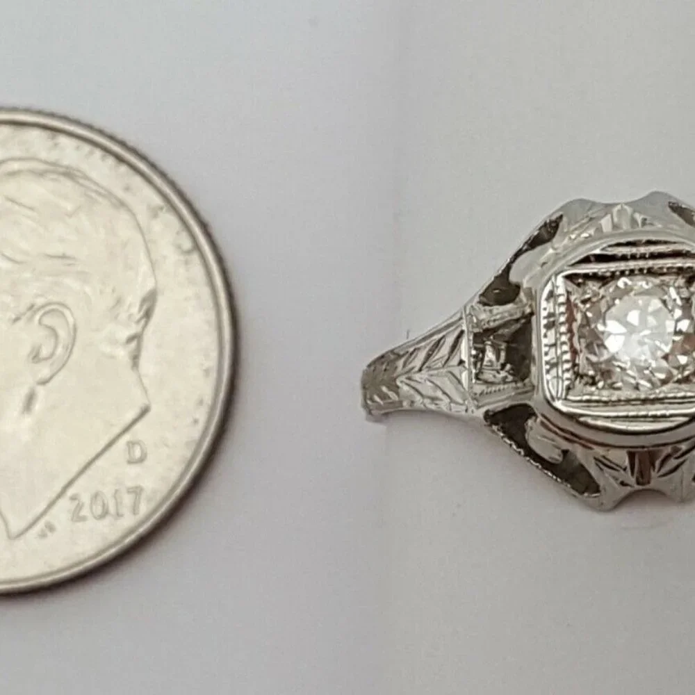 Vintage 18K Solid White Gold Art Deco Ladies Diamond Wedding Engagement Ring